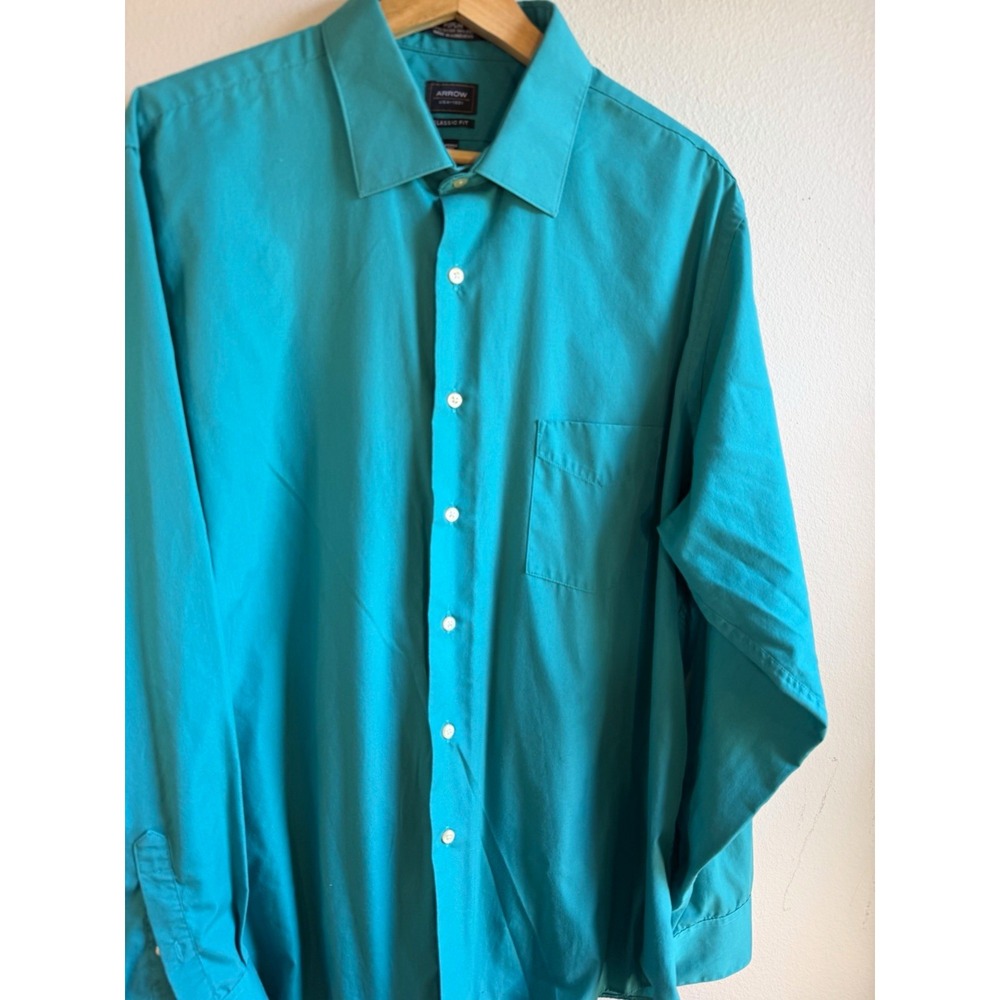 Arrow Men's 17 36/37 Turquoise Solid Classic Fit Wrinkle Free Dress Shirt